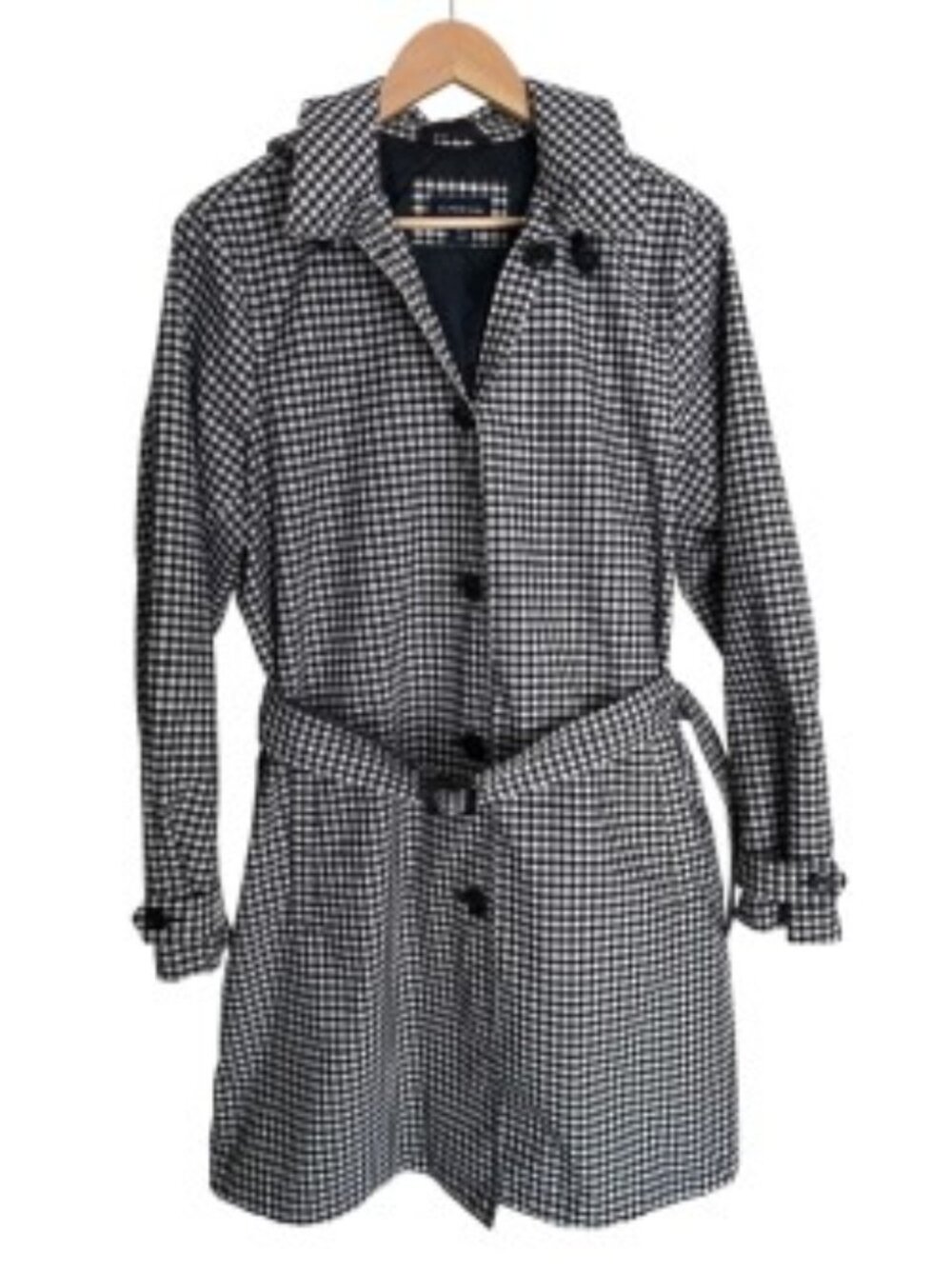 Lands' End Black & White Gingham Hooded Raincoat Trench Coat Large